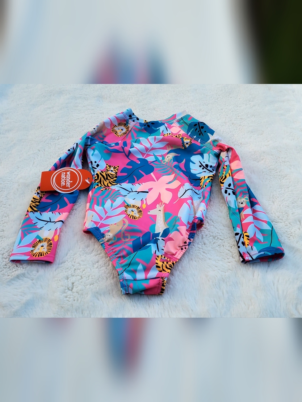 Wonder Nation Girls' Long Sleeve One-Piece Swimsuit - Pink & Blue Tropical 18m